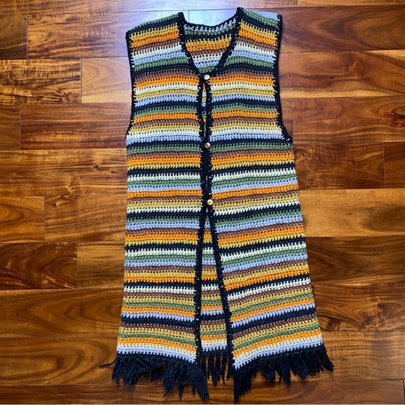 GUC Vintage 70’s Men’s Large? Crochet Multi Colored Stripe Long Duster Vest